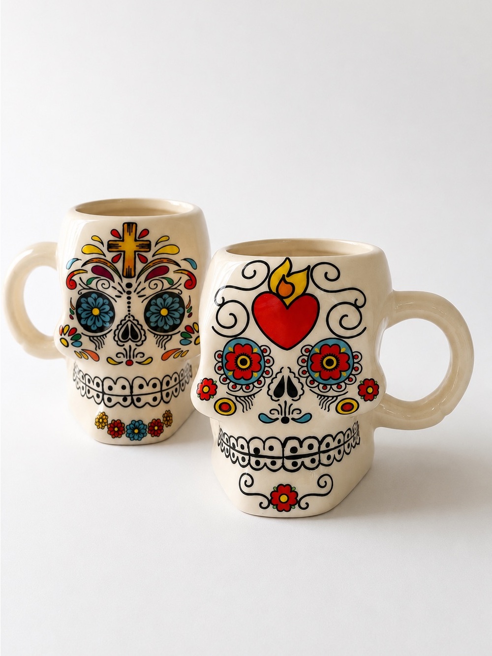 Cream Sugar Skull Ceramic Mug with Colorful Day of the Dead Design
